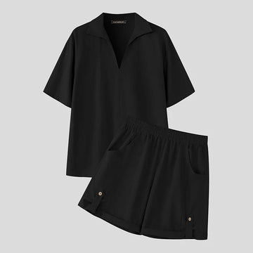 AIDASE  -  Men Sets Solid Color Lapel Short Sleeve Shirt & Shorts Two Pieces Sets Summer Streetwear 2025 Loose Casual Men's Suits aidase-shop